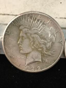 1922 and 2 1922-S silver peace dollars