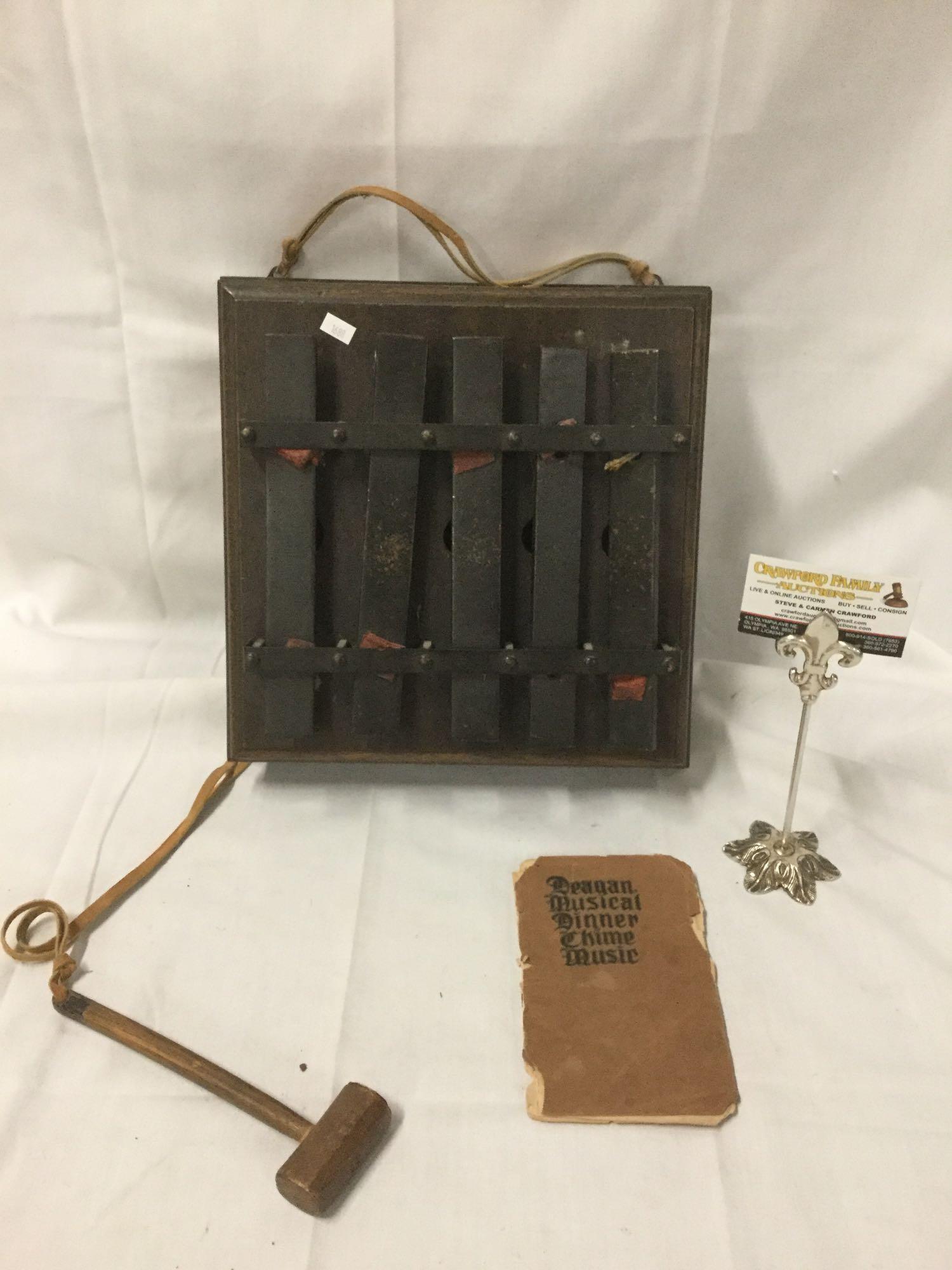 Antique 1800s J.C. Deagan Musical Plate Chime w/ leather strap & original hammer/booklet