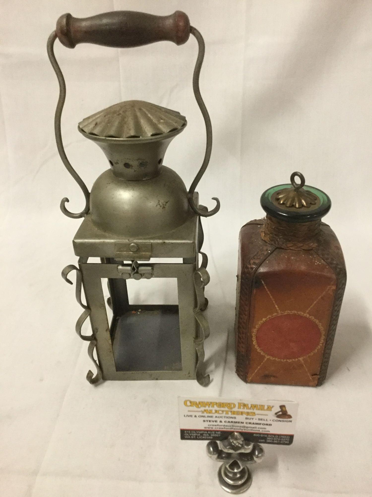 Antique metal portable candlelight lantern w/ leather wrapped green glass bottle that fits inside