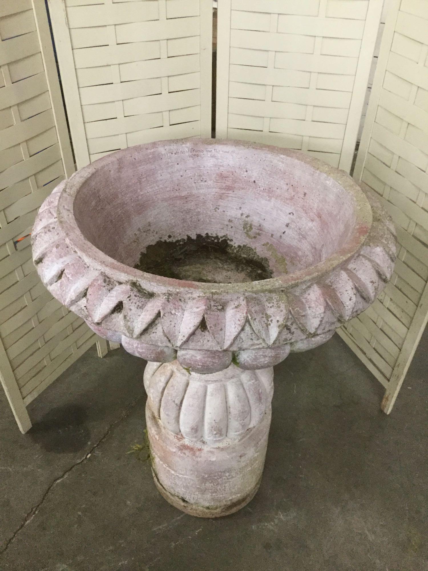 Large pink cement fountain, 2 piece, marked Henri Studio 1986