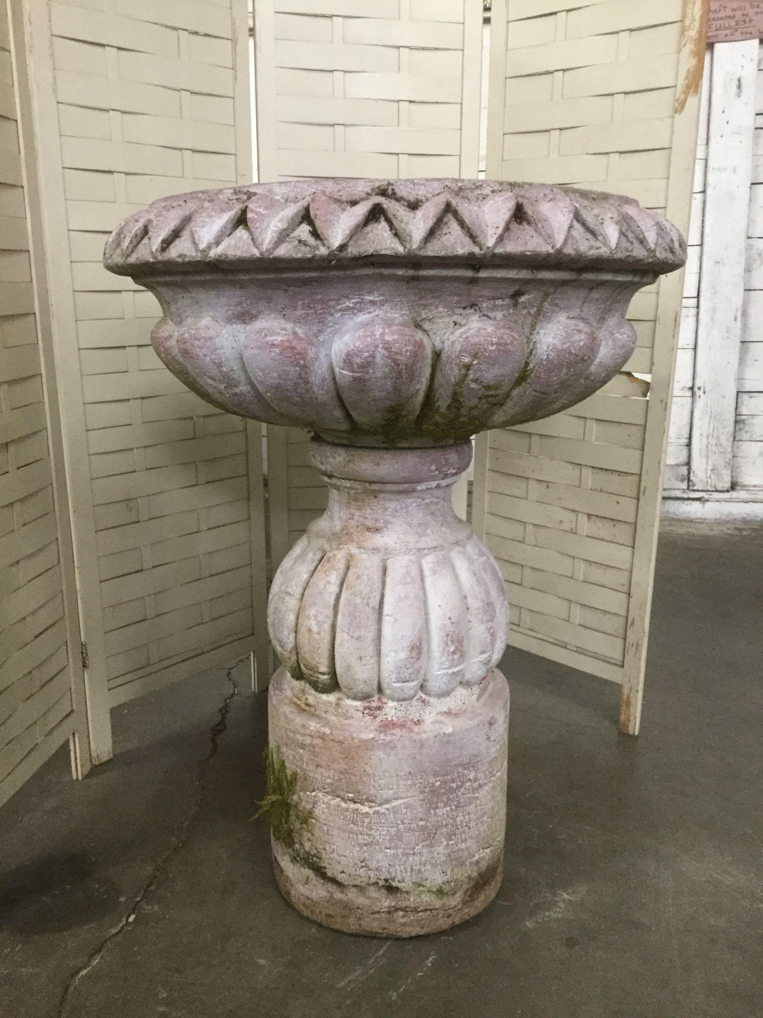 Large pink cement fountain, 2 piece, marked Henri Studio 1986