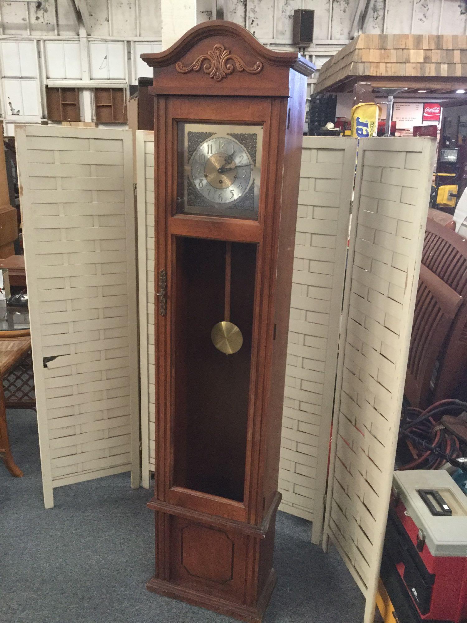 Piper Grandfather Clock, with pendulum and key -as is missing front glass