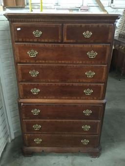 Modern antique inspired 8 drawer tall boy dresser with inlaid veneer front