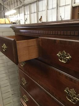 Modern antique inspired 8 drawer tall boy dresser with inlaid veneer front