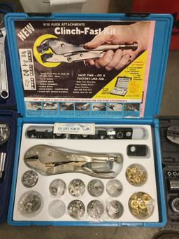 Collection of tools: Sea Fit multi tool kit, Clinch Fast kit, socket wrench set, etc