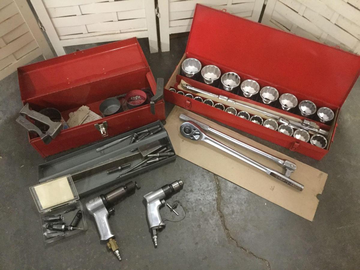 Craftsman large 2 1/2" socket set in kit and metal tool box w/ pneumatic 3/8" drill +