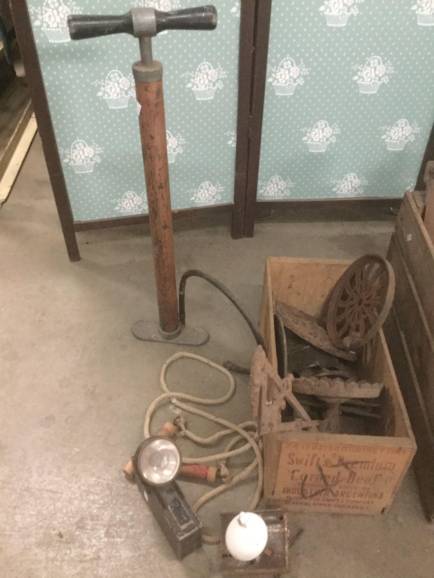 Antique blue ribbon wood crate & Swifts corned beef crate w/ antique farm & garage items