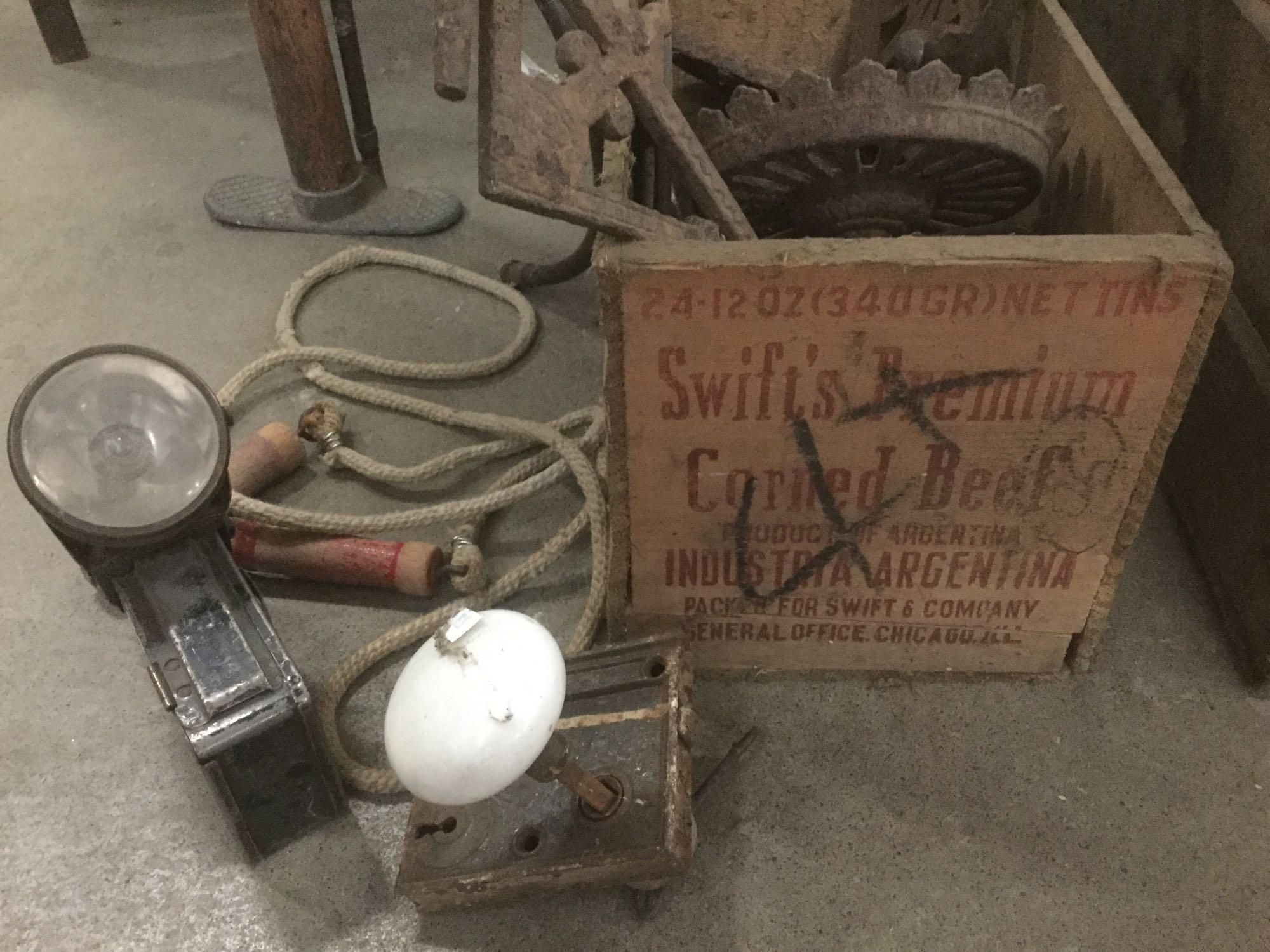 Antique blue ribbon wood crate & Swifts corned beef crate w/ antique farm & garage items