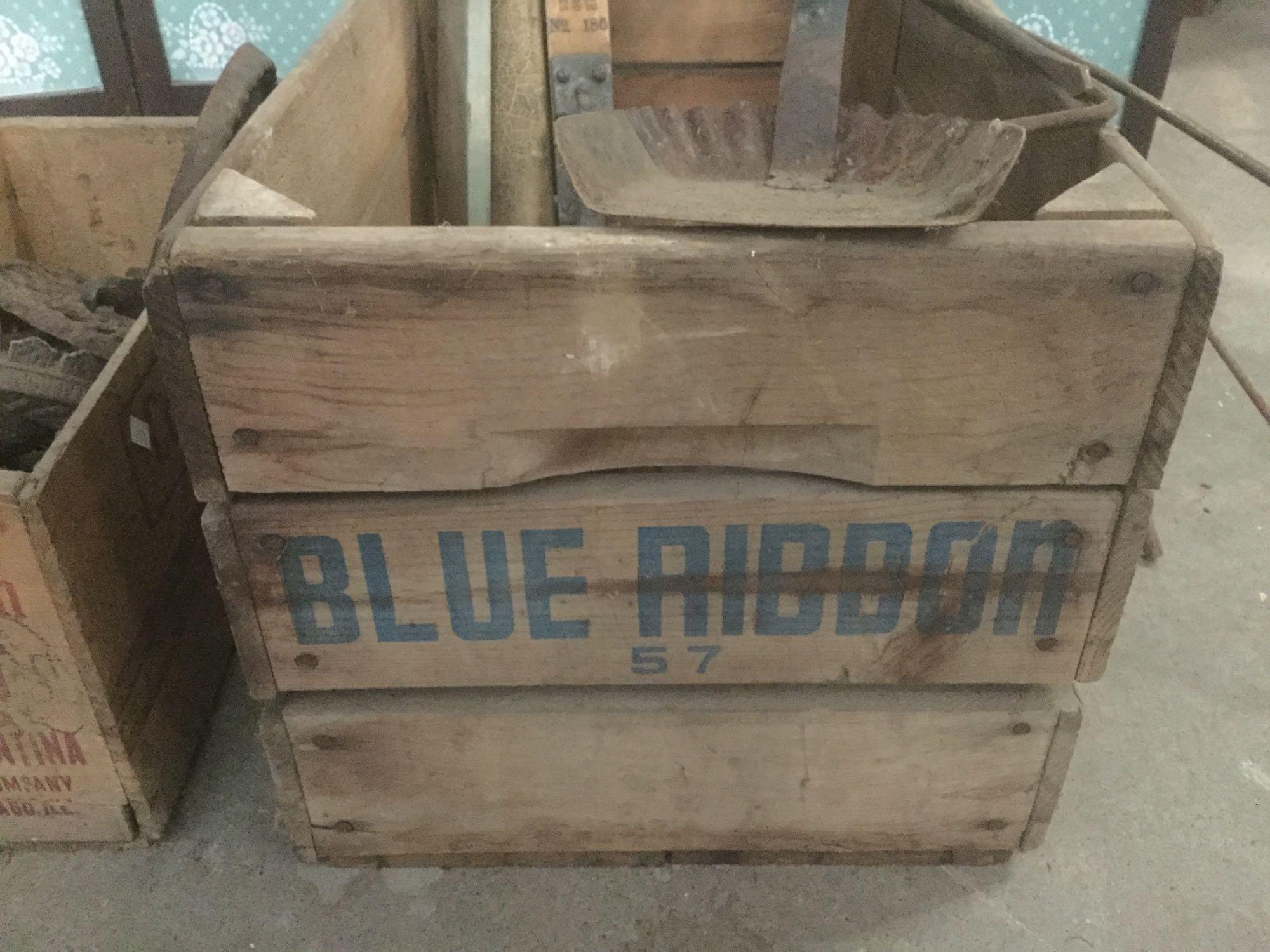 Antique blue ribbon wood crate & Swifts corned beef crate w/ antique farm & garage items