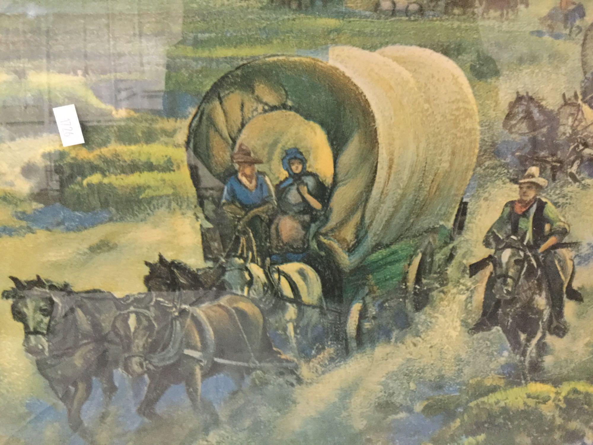 Antique art deco framed wagon train/pioneer print