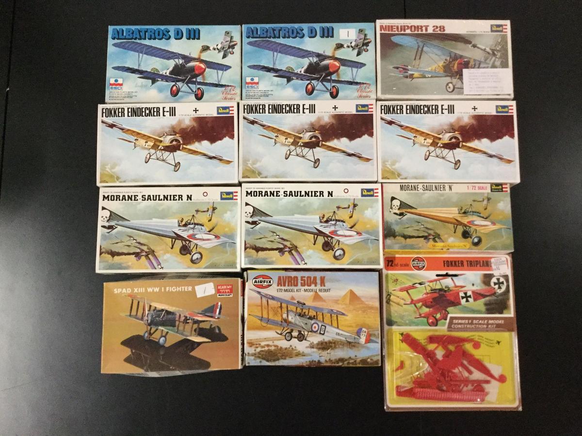 12x military aircraft model kits, 1/72 scale; SEALED AirFix Fokker Triplane, AirFix AVRO 504 K, 2x