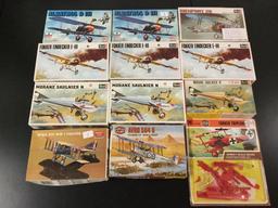 12x military aircraft model kits, 1/72 scale; SEALED AirFix Fokker Triplane, AirFix AVRO 504 K, 2x