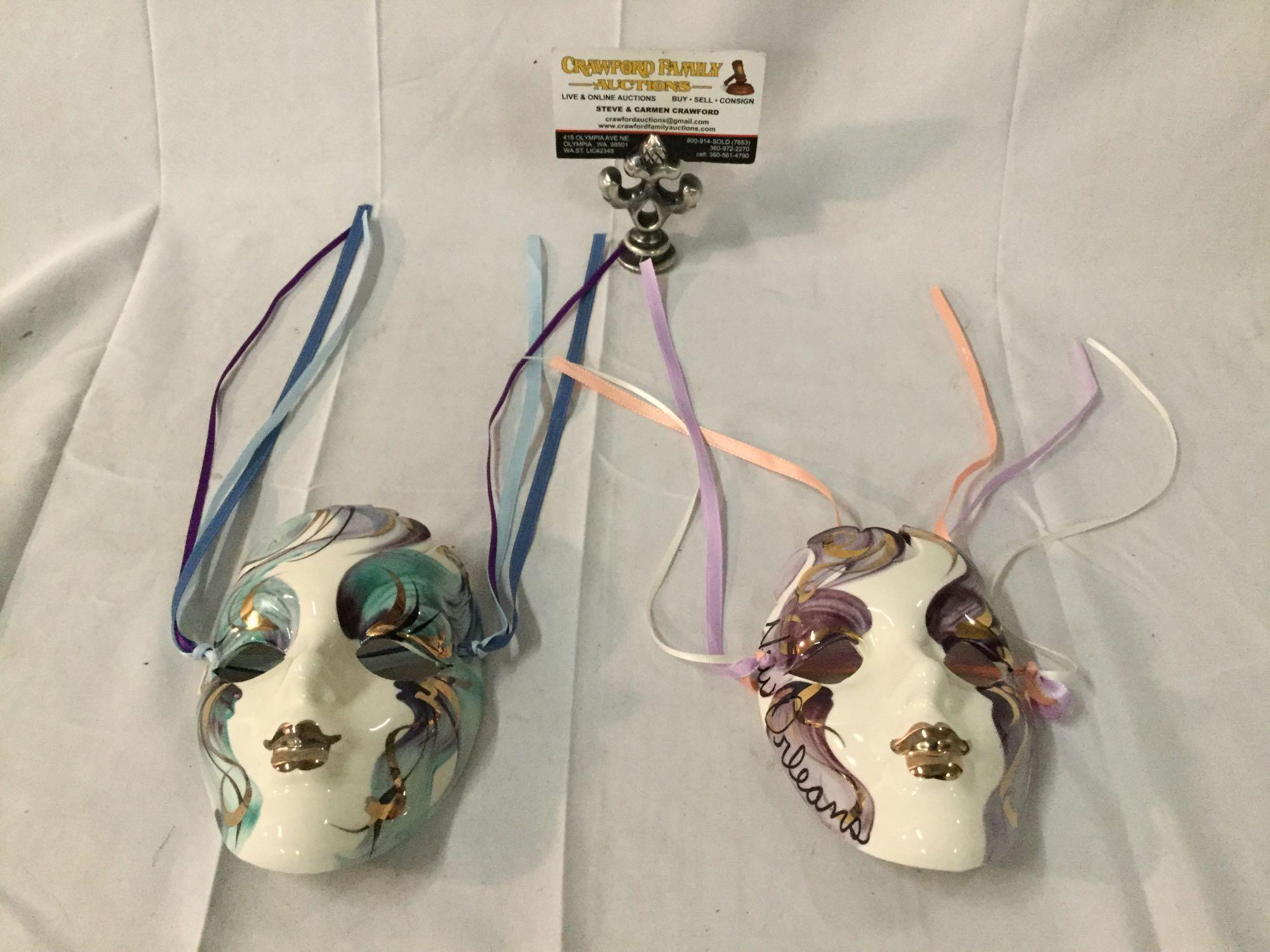 Pair of New Orleans hand painted porcelain masks with ribbons - signed by the artist as is