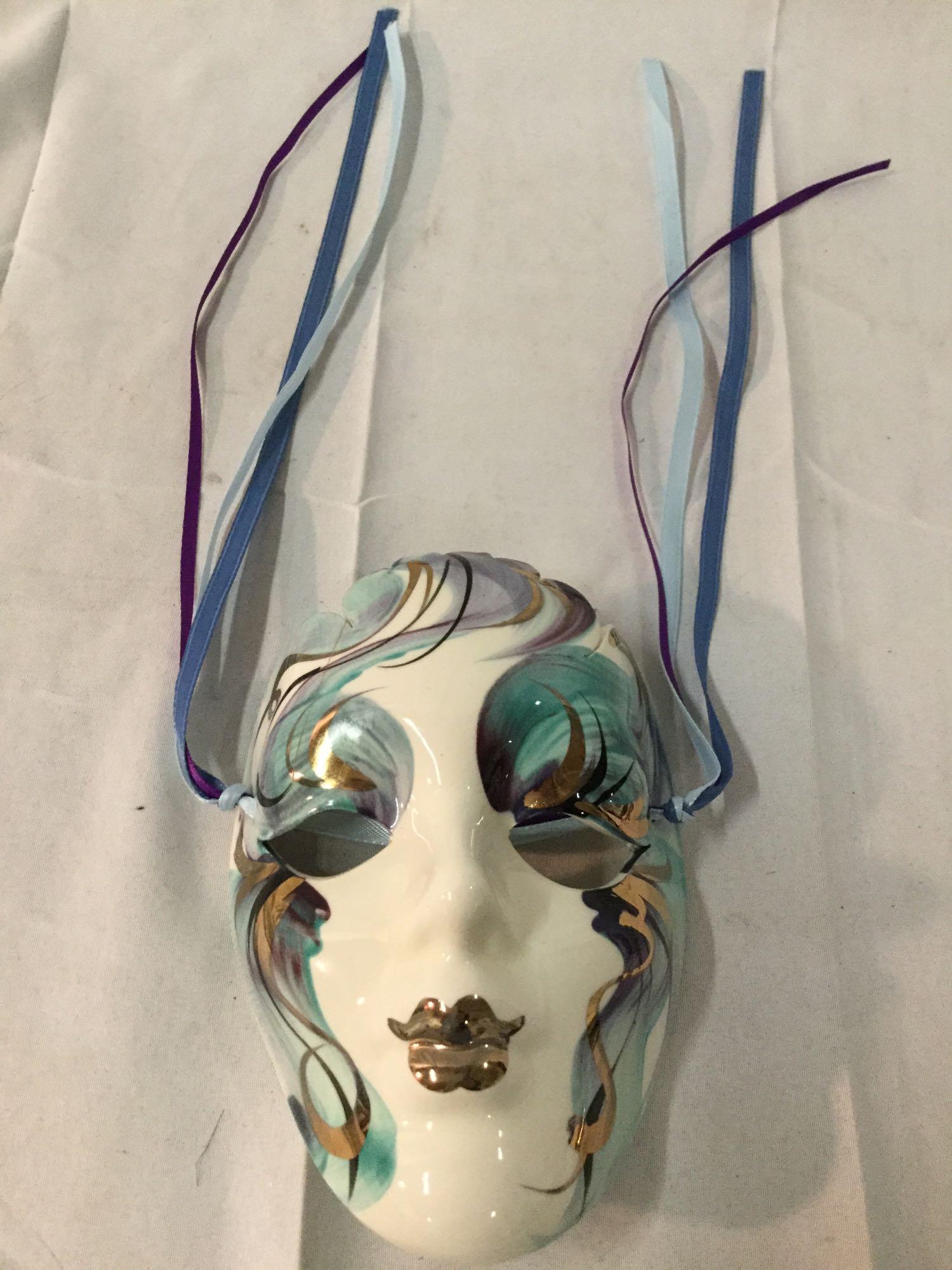 Pair of New Orleans hand painted porcelain masks with ribbons - signed by the artist as is