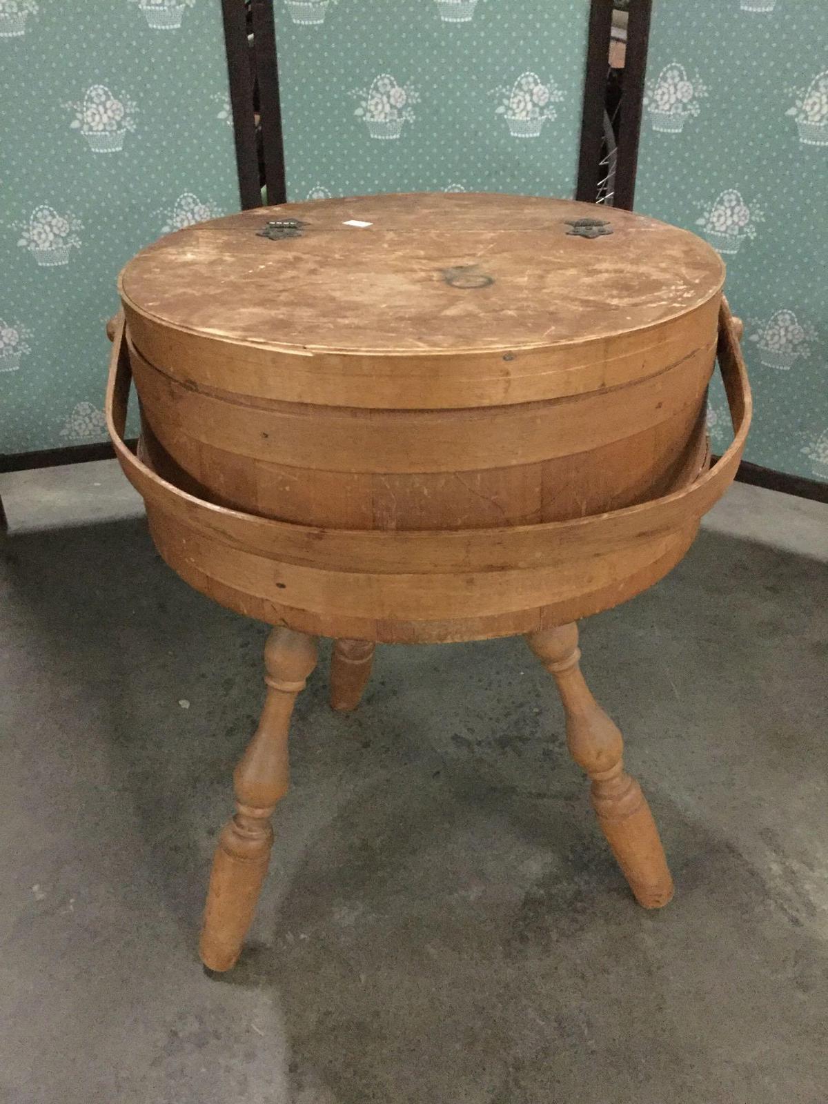 Antique wooden flip top storage / picnic basket made into a stool / table