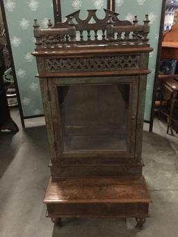 Antique 1860 teak wood carved counter top display case with glass window doors