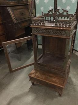 Antique 1860 teak wood carved counter top display case with glass window doors