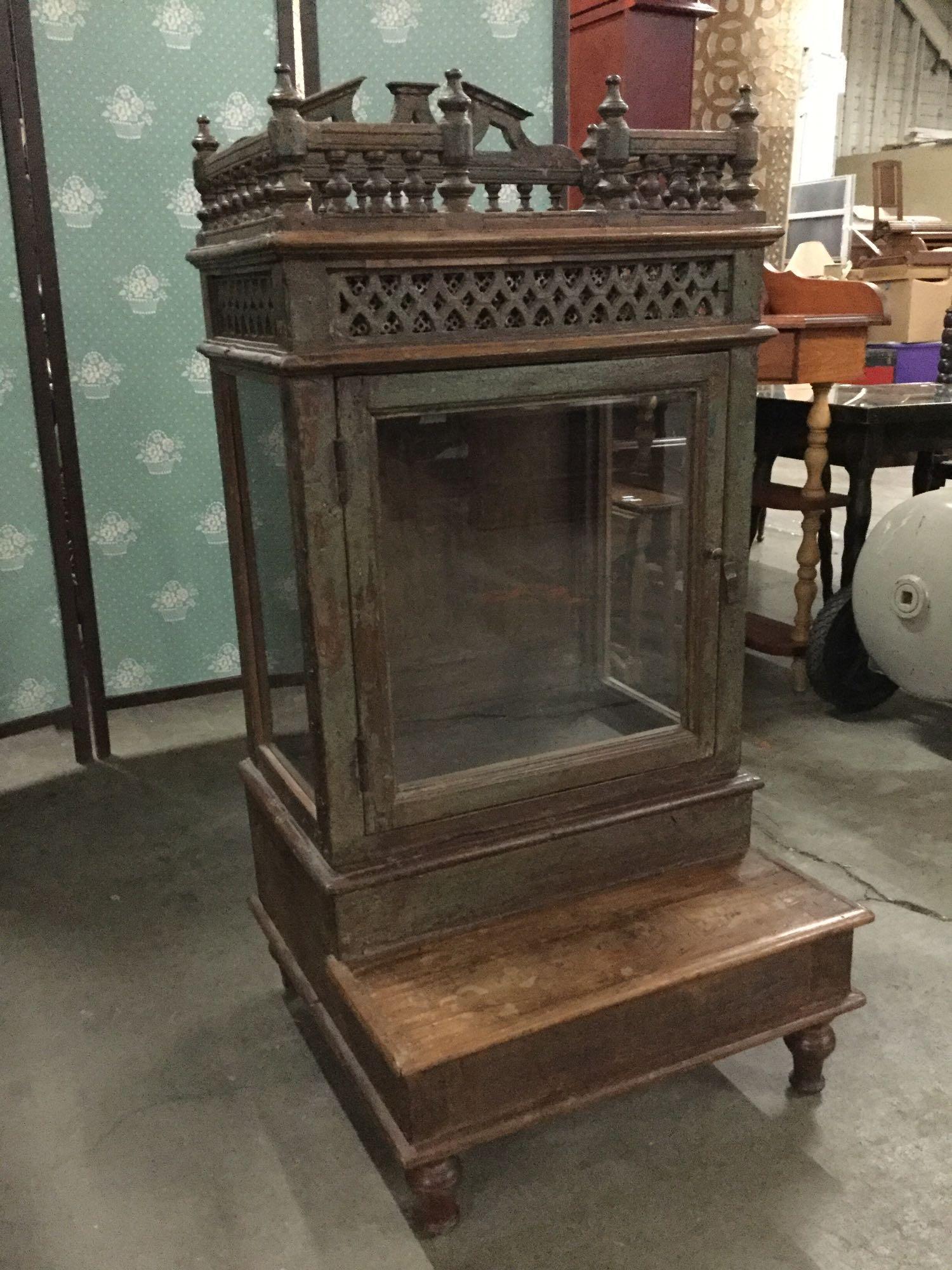 Antique 1860 teak wood carved counter top display case with glass window doors