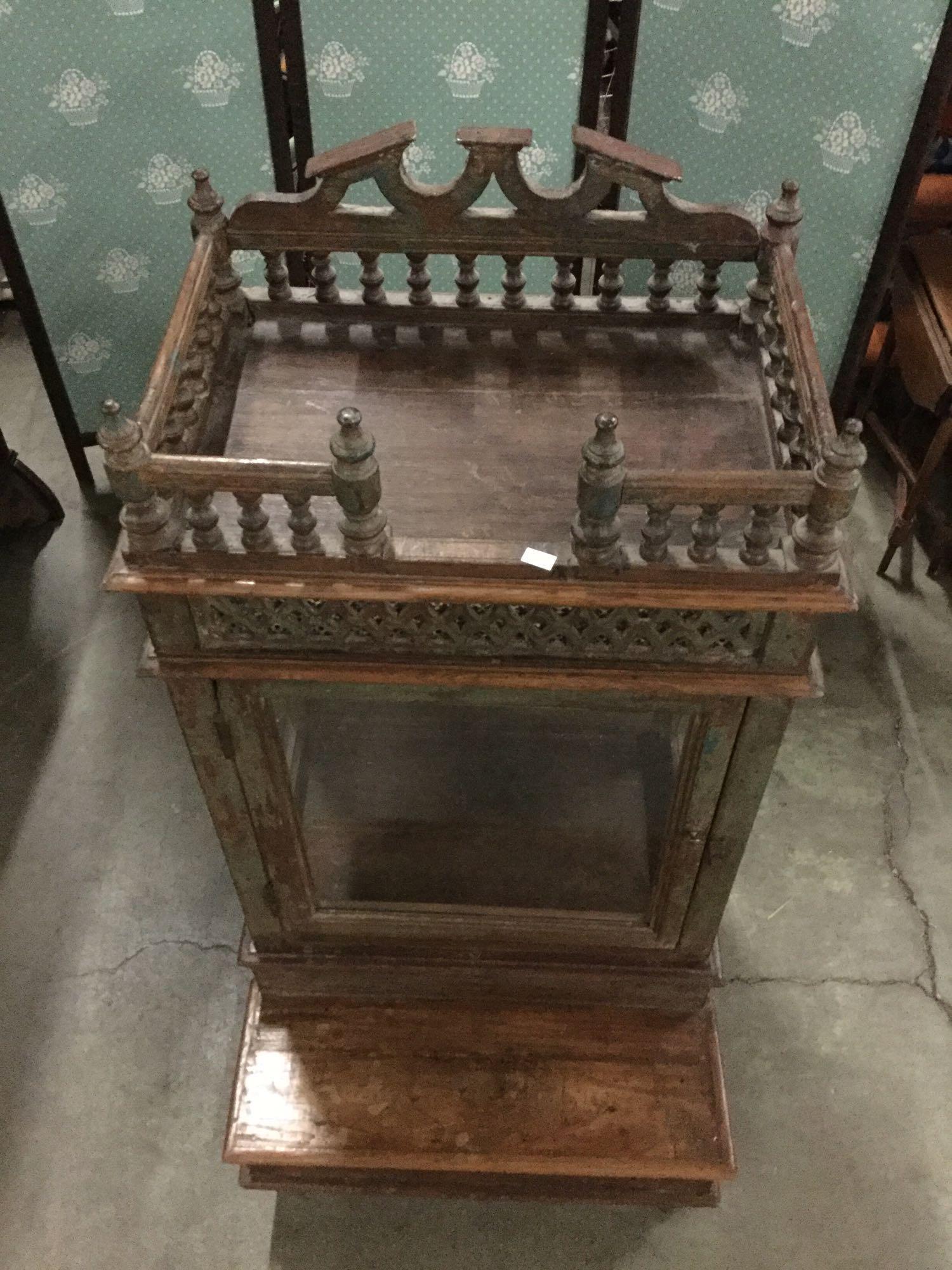 Antique 1860 teak wood carved counter top display case with glass window doors