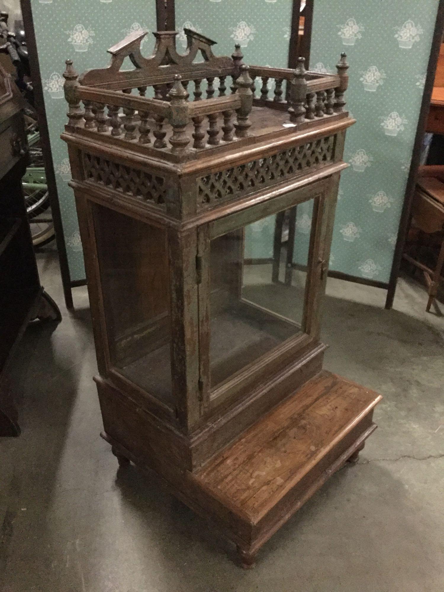 Antique 1860 teak wood carved counter top display case with glass window doors