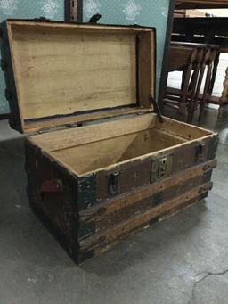 Tiny antique wooden steamer trunk with leather handles