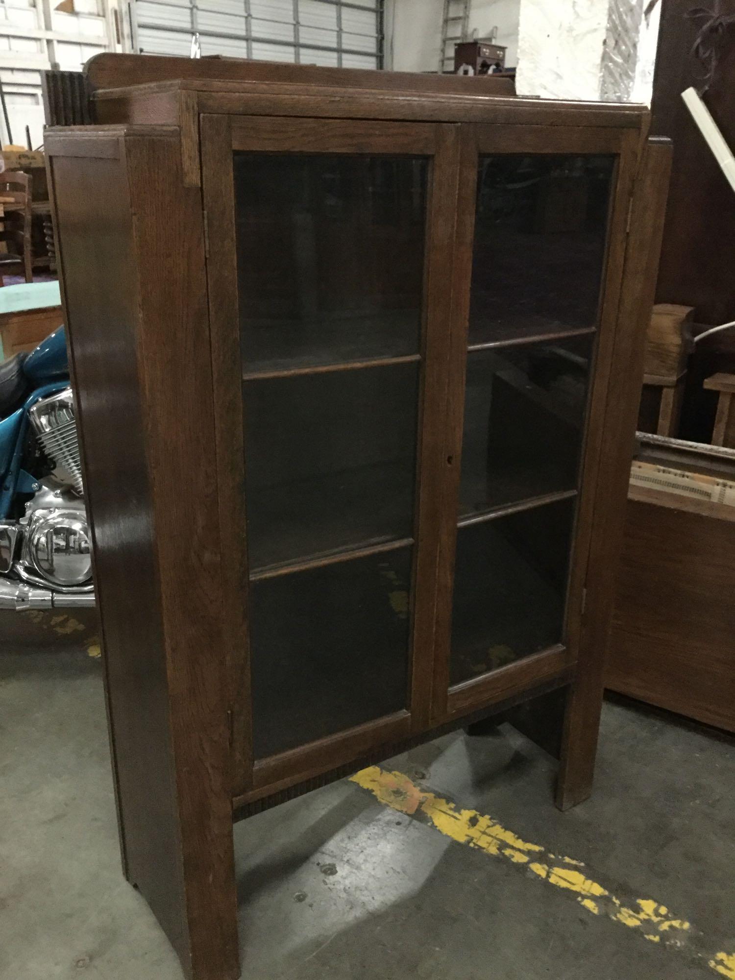 Antique thick mission style oak 3 tier glass front bookshelf / cabinet