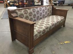 Antique thick oak mission style frame sofa couch / hide a bed with flower upholstery - as is