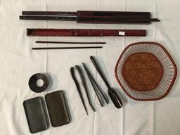 Asian wood chopsticks set with cases, wood utensils, wicker basket and more