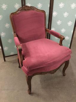 Pair of vintage Bernhardt walnut cushioned arm chairs w/ newer purple upholstery