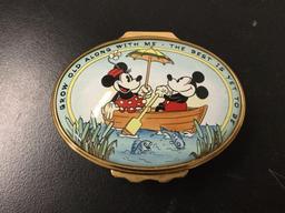 3 small enamel dresser boxes incl. Mickey Mouse, Tasha Tudor designs etc