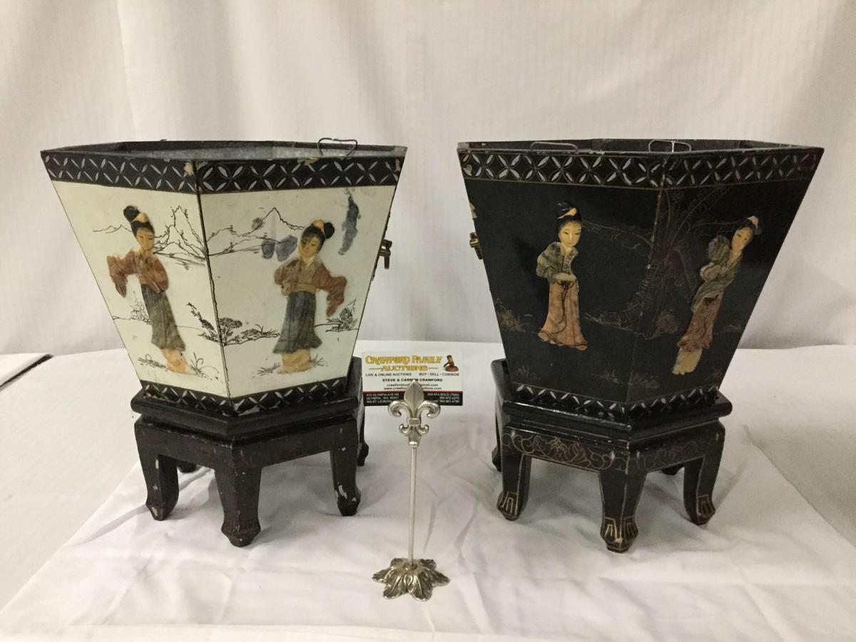 Pair of vintage Asian mother of pearl decorated planters with wooden stands