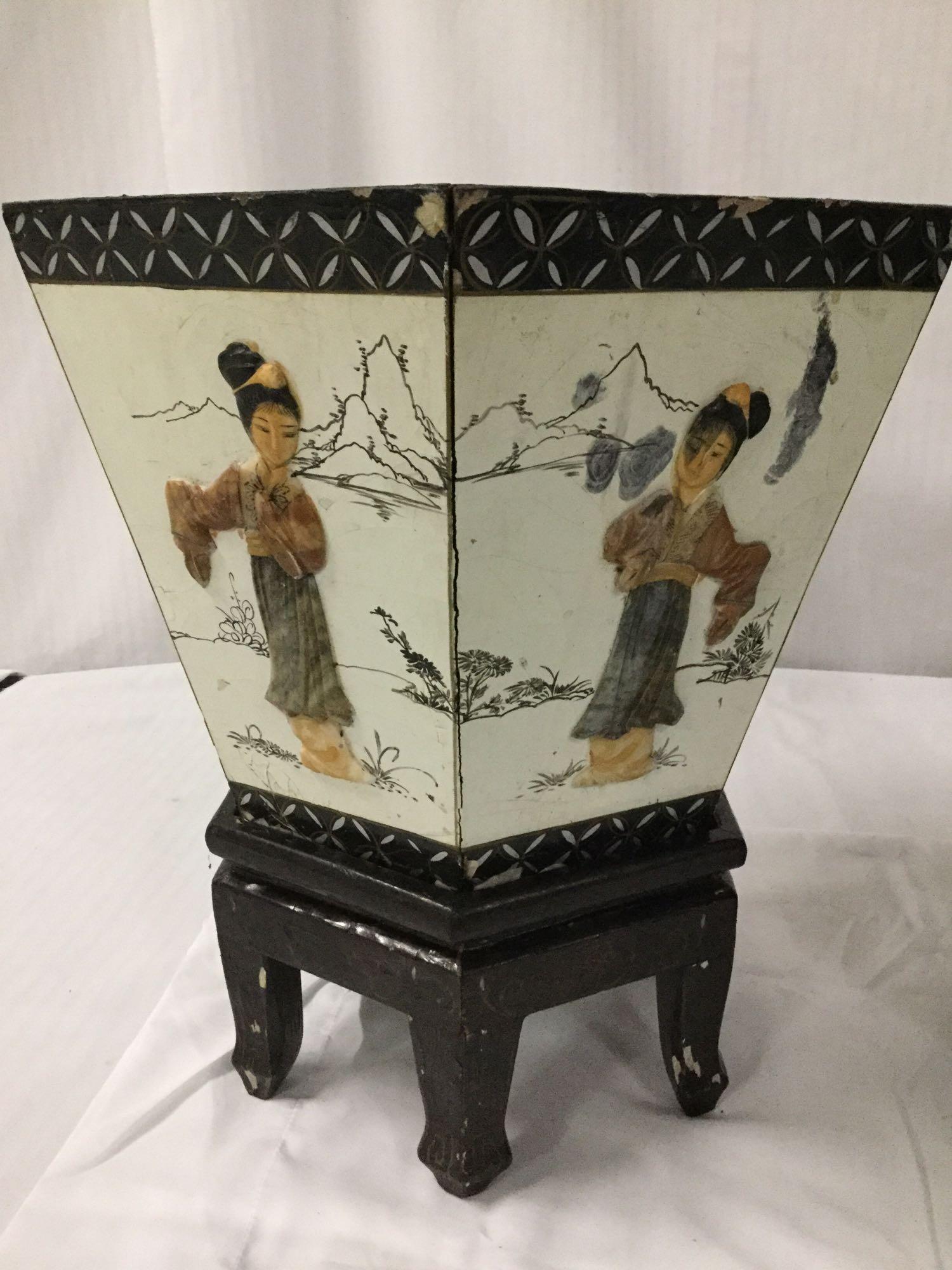 Pair of vintage Asian mother of pearl decorated planters with wooden stands