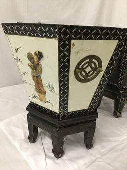 Pair of vintage Asian mother of pearl decorated planters with wooden stands