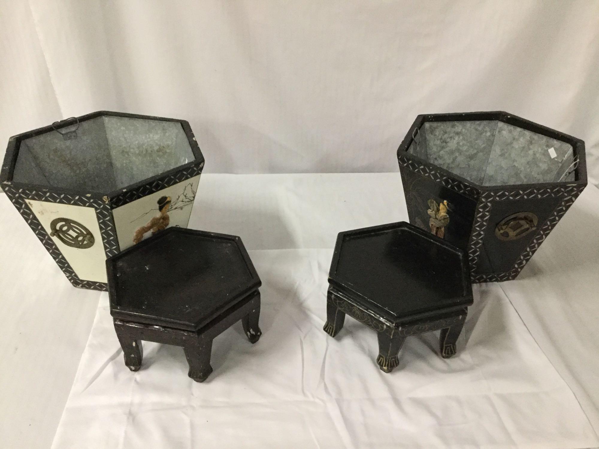 Pair of vintage Asian mother of pearl decorated planters with wooden stands