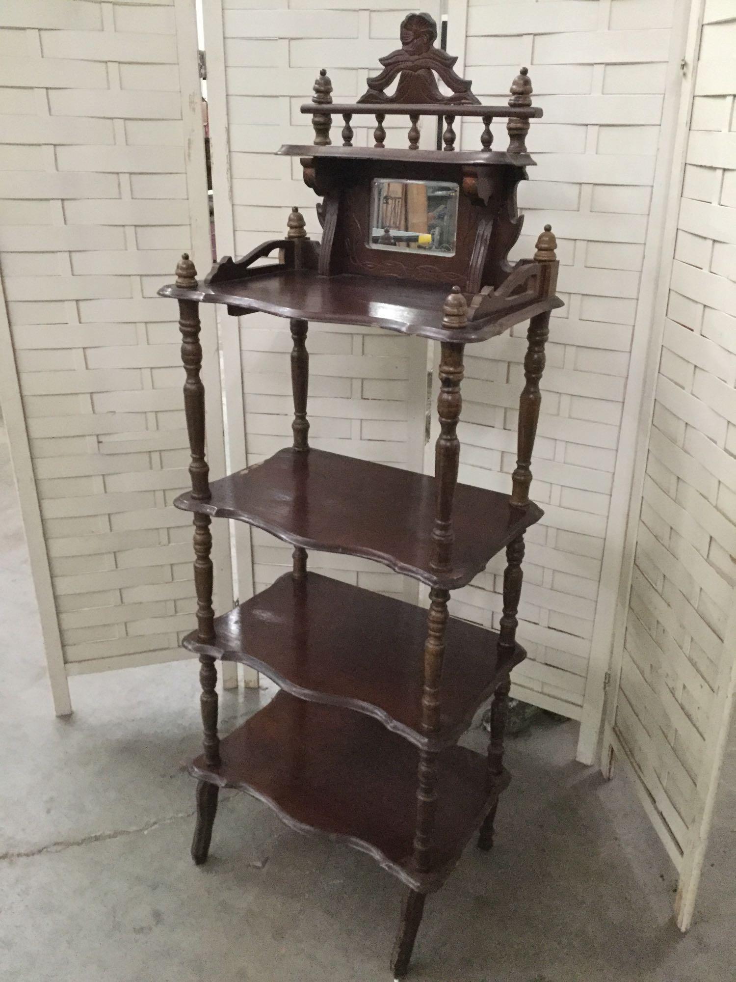 Vintage wood display shelf with small mirror, approx 22 x 57 x 14 inches