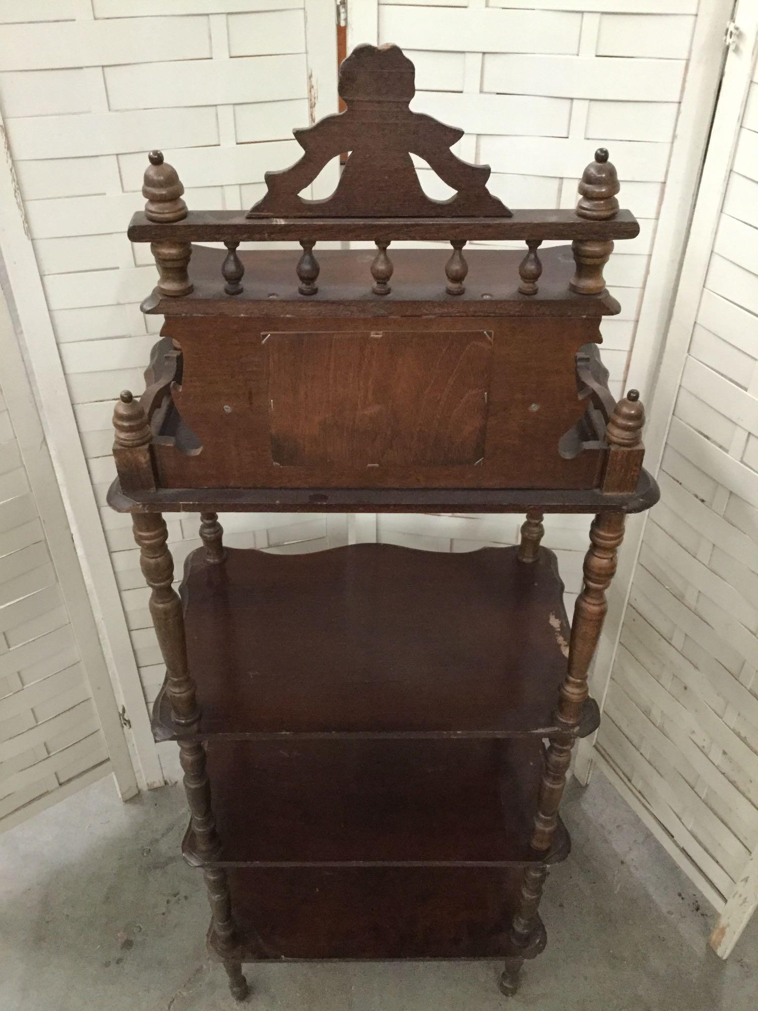 Vintage wood display shelf with small mirror, approx 22 x 57 x 14 inches