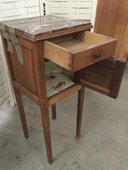 Antique wood nightstand w/ (broken) marble top approx 13 x 13 x 33 inches
