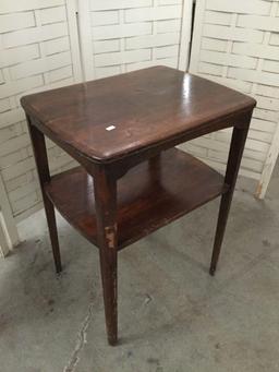 Vintage wood end table - shows wear - approx 20 x 15 x 26 inches