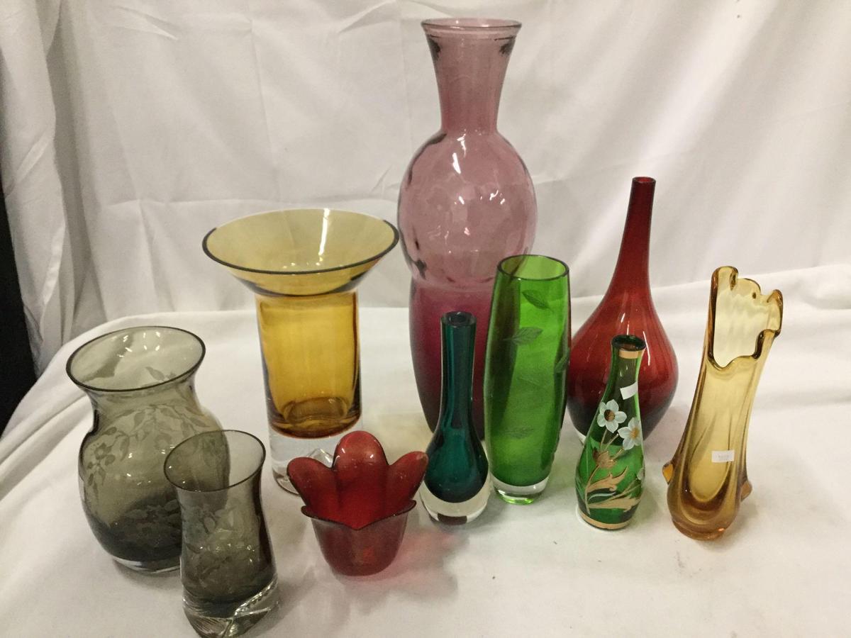 Lot of 10 decorative glass home decor vases Largest approx 18 x 5 inches