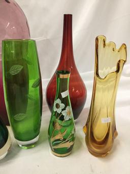 Lot of 10 decorative glass home decor vases Largest approx 18 x 5 inches