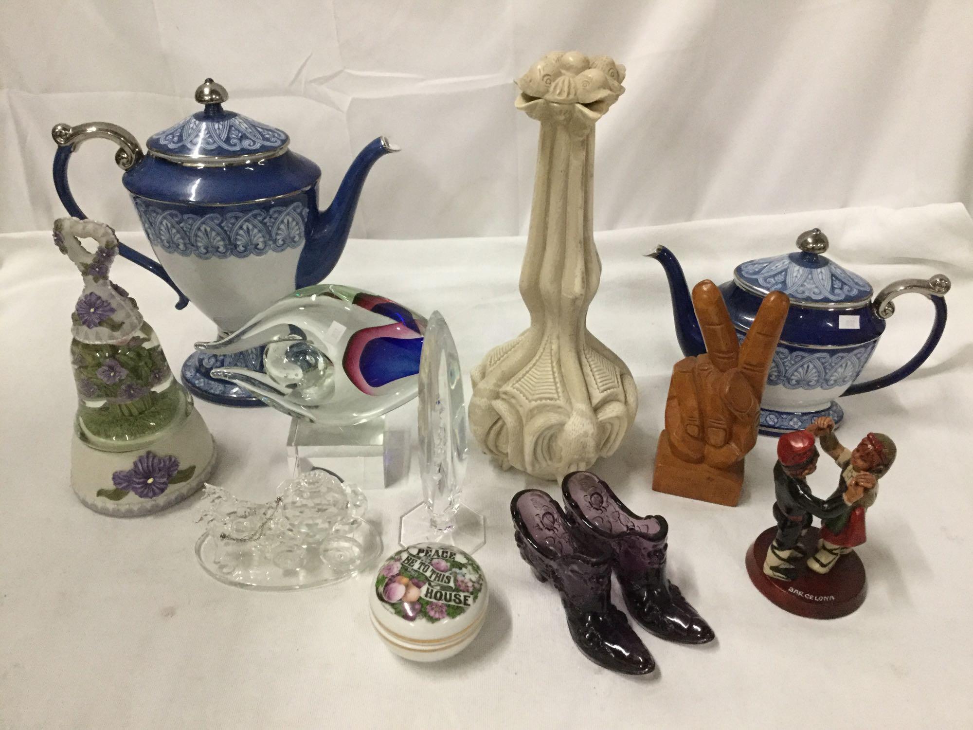 Lot of 12 home decor pieces Fenton glass shoes paperweight tea pots crystal art Peace