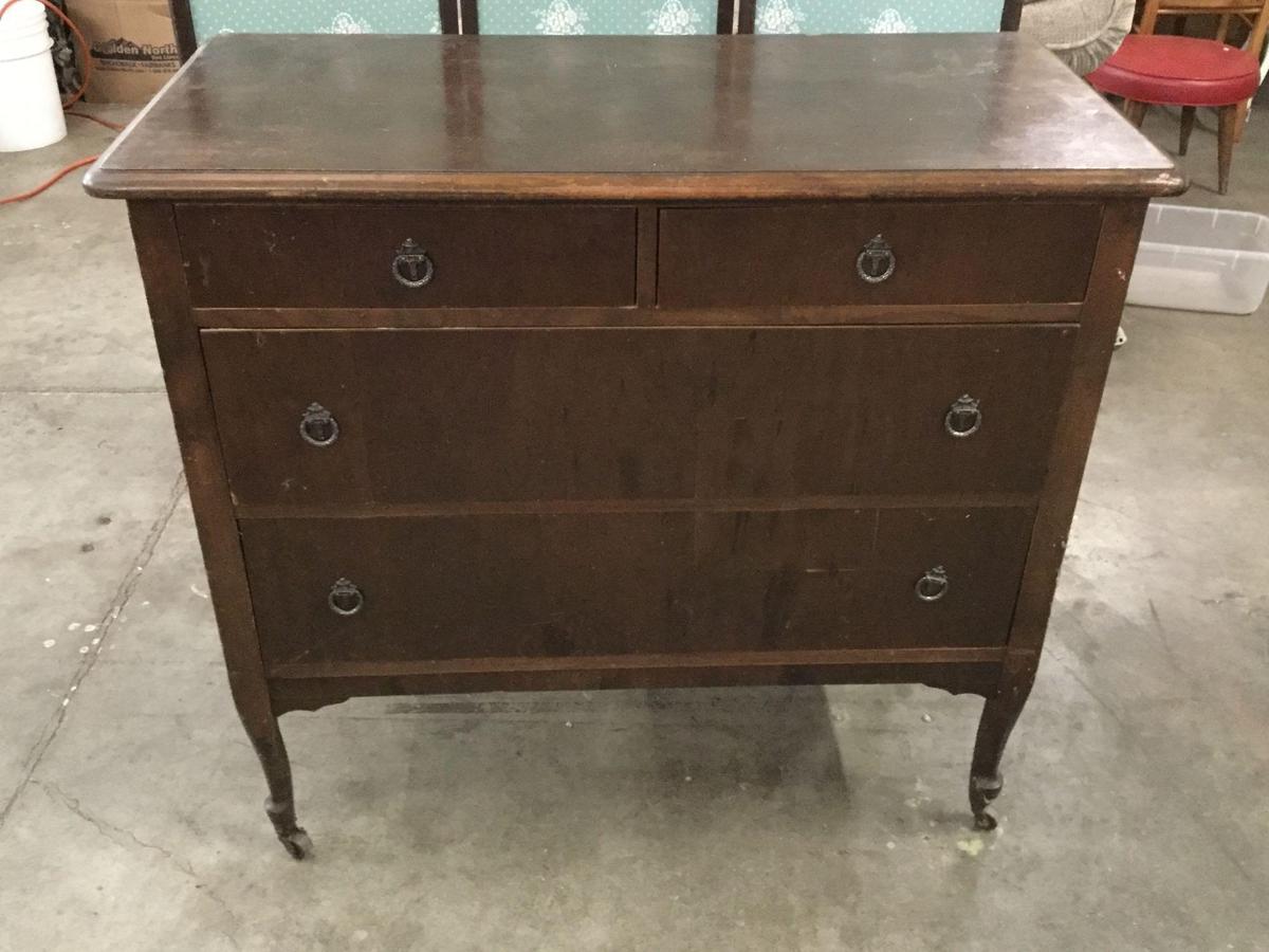 Antique 4 drawer deco walnut? dresser on casters with ring pulls