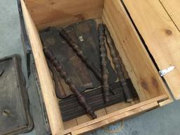 Crate of antique wooden end table pieces, see pics