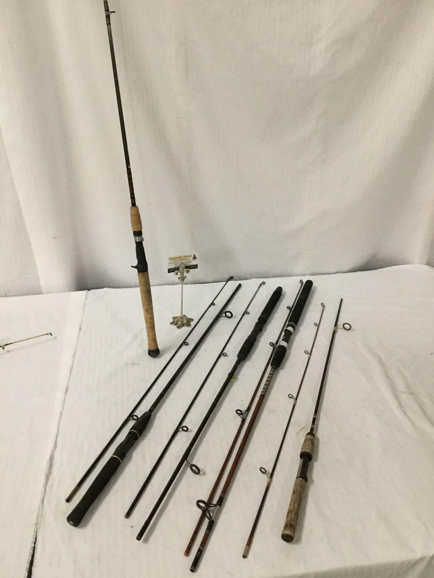 5 fishing poles; Wright and McGill - Eagle Claw, Shimano - Spinning 6 ft, Abu Garcia etc