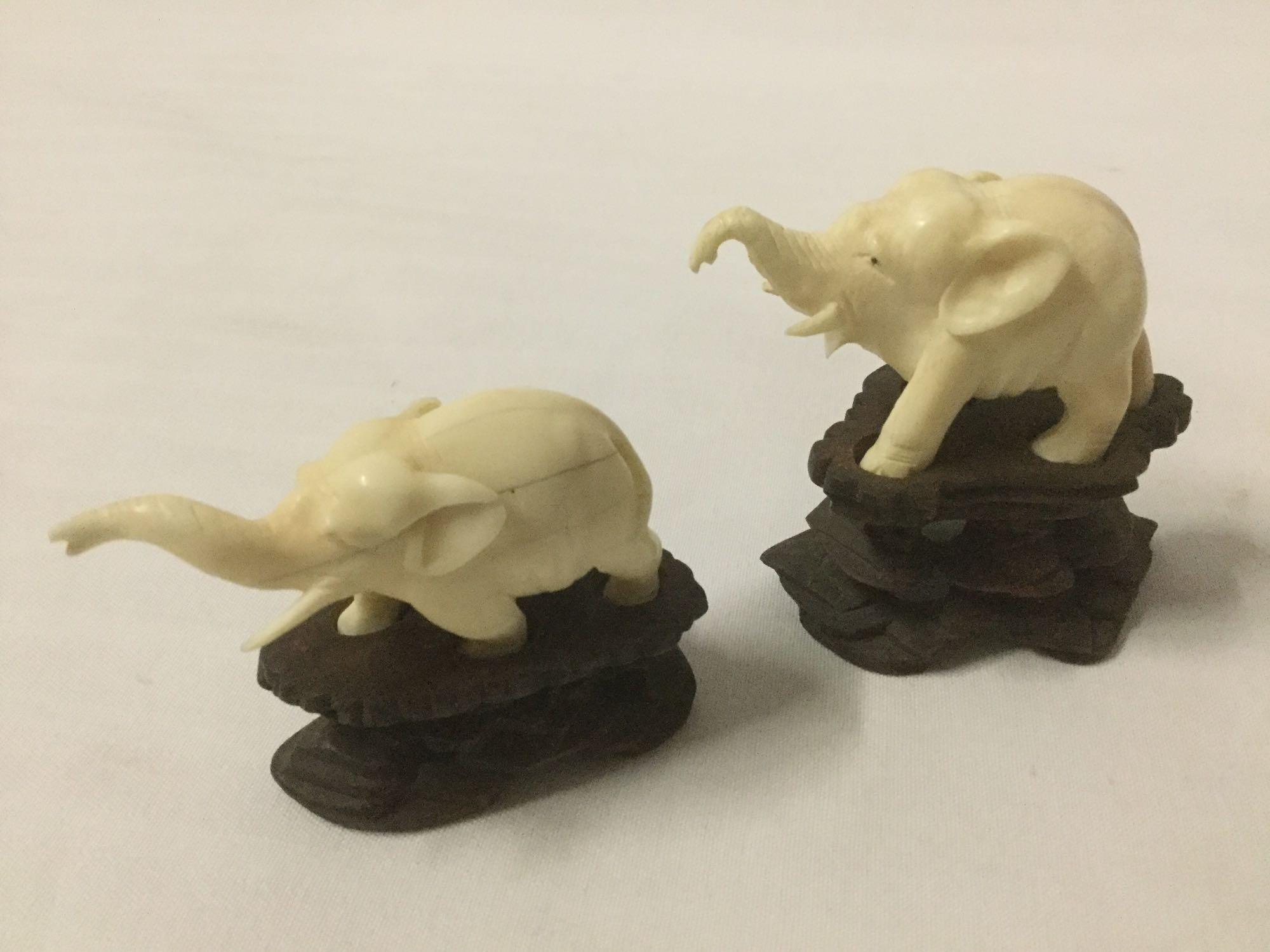 5 pc lot of Asian carved bone elephant sculpted figures - 4 with wooden bases