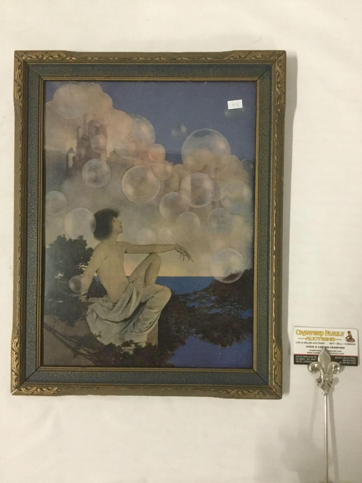 Framed antique art deco print "Air Castles" by Maxfield Parrish in original frame