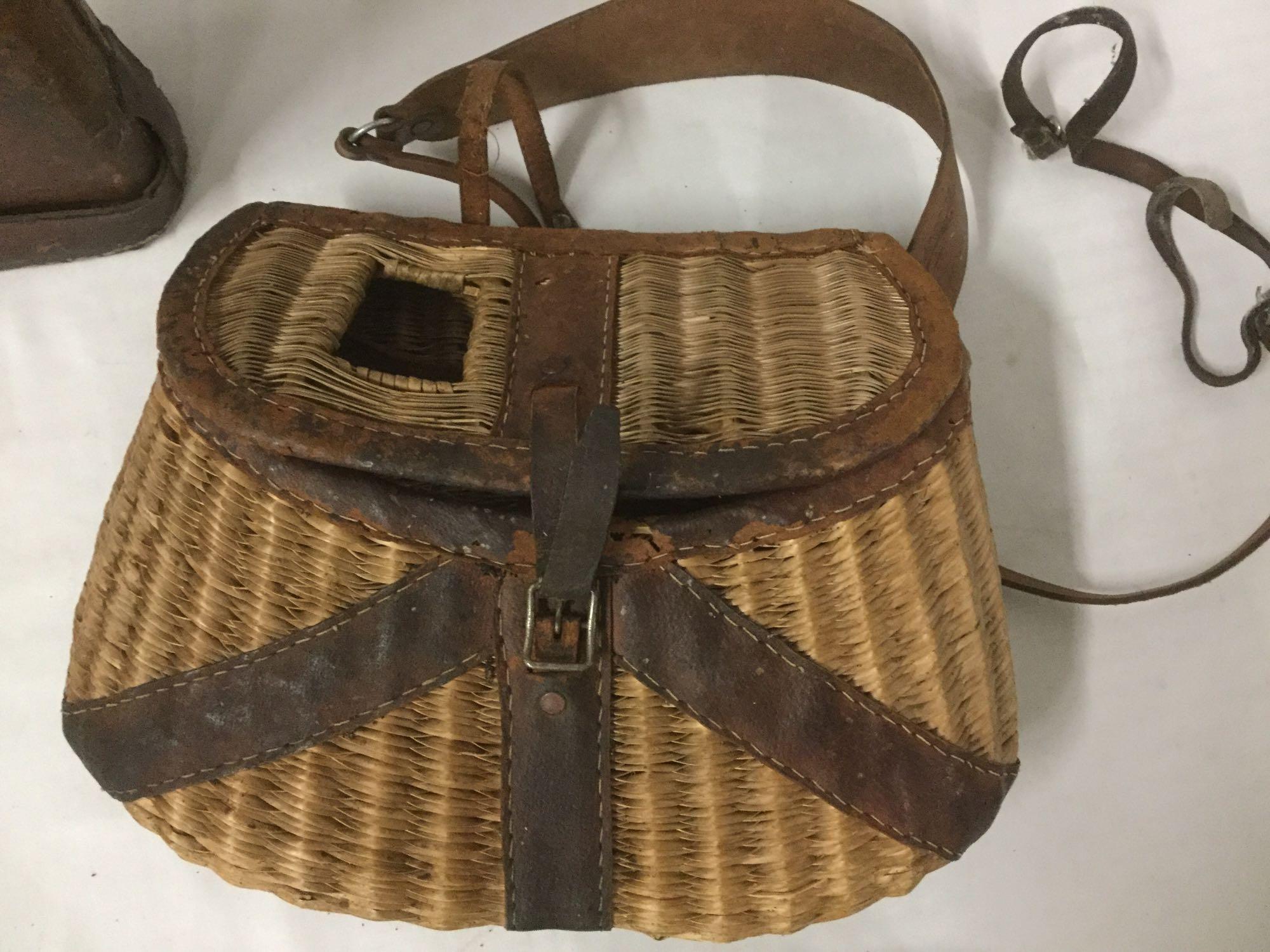 4 vintage sport equip. items incl woven fishing creel basket, Louisville slugger and more