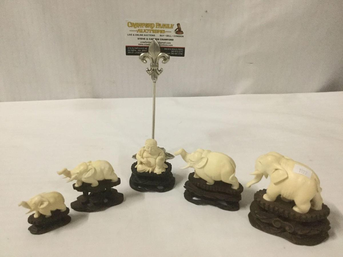 5 Asian carved bone sculpture figures with wooden bases incl. 4 elephants and Buddha