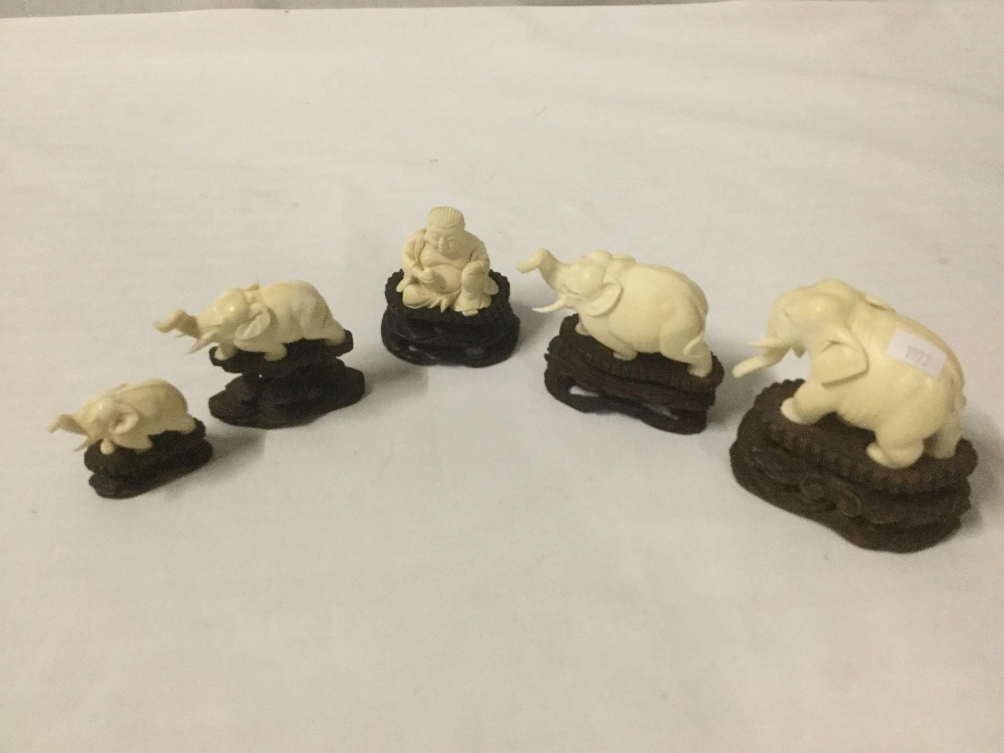 5 Asian carved bone sculpture figures with wooden bases incl. 4 elephants and Buddha