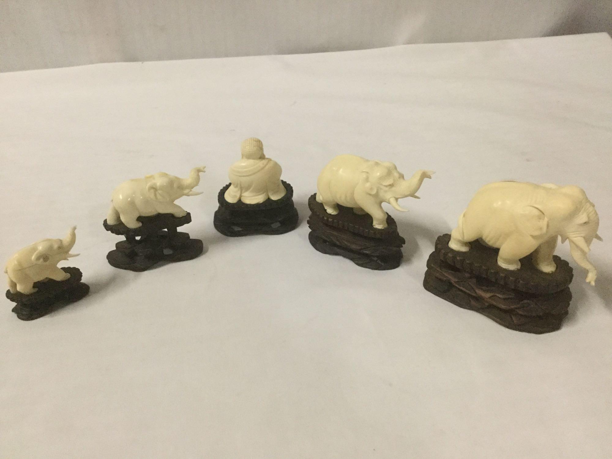 5 Asian carved bone sculpture figures with wooden bases incl. 4 elephants and Buddha